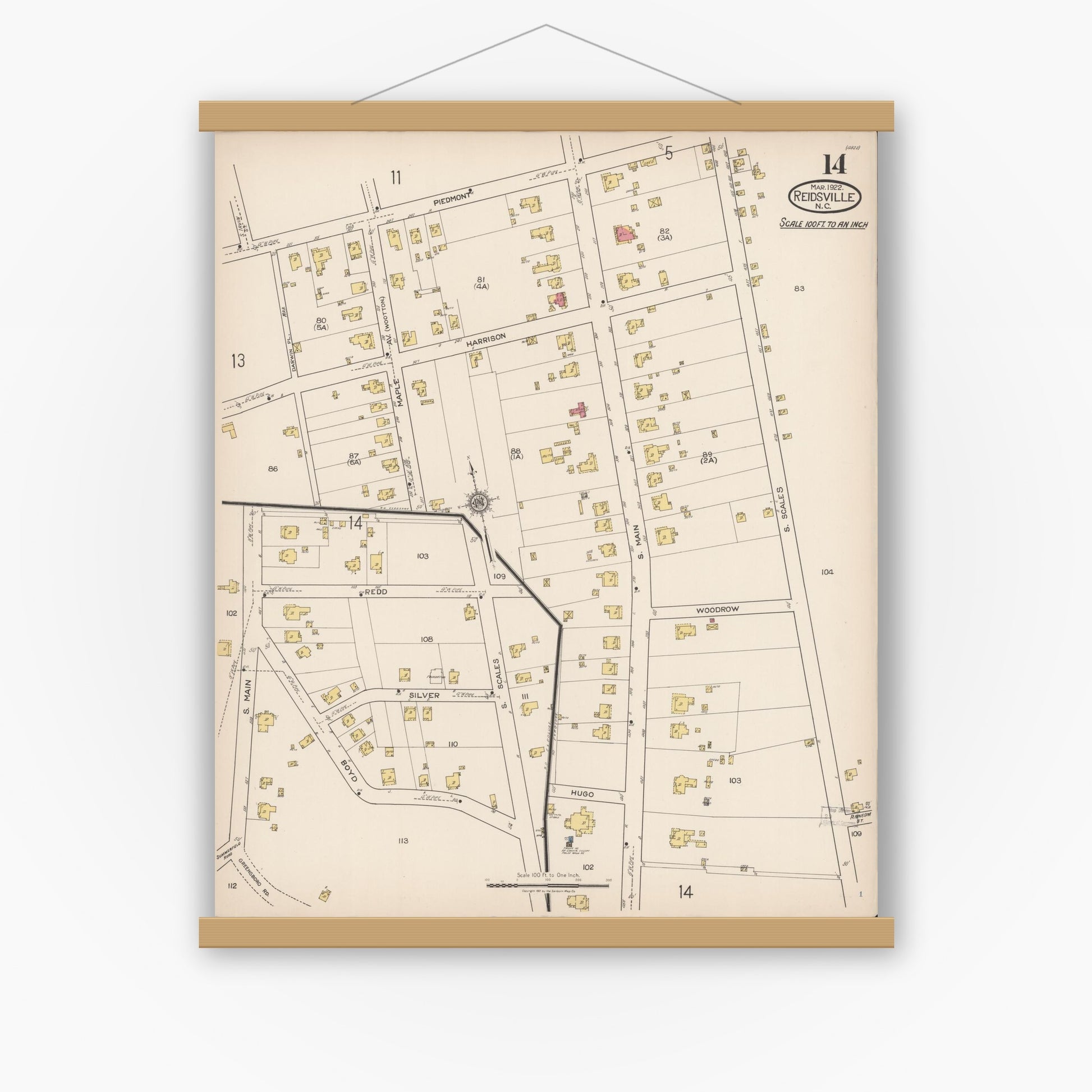 Old map wall art mockup — magnetic wood frame on white wall — Sanborn Fire Insurance Map from Reidsville, Rockingham County, North Carolina (1922), Sheet #0014