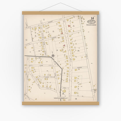Old map wall art mockup — magnetic wood frame on white wall — Sanborn Fire Insurance Map from Reidsville, Rockingham County, North Carolina (1922), Sheet #0014