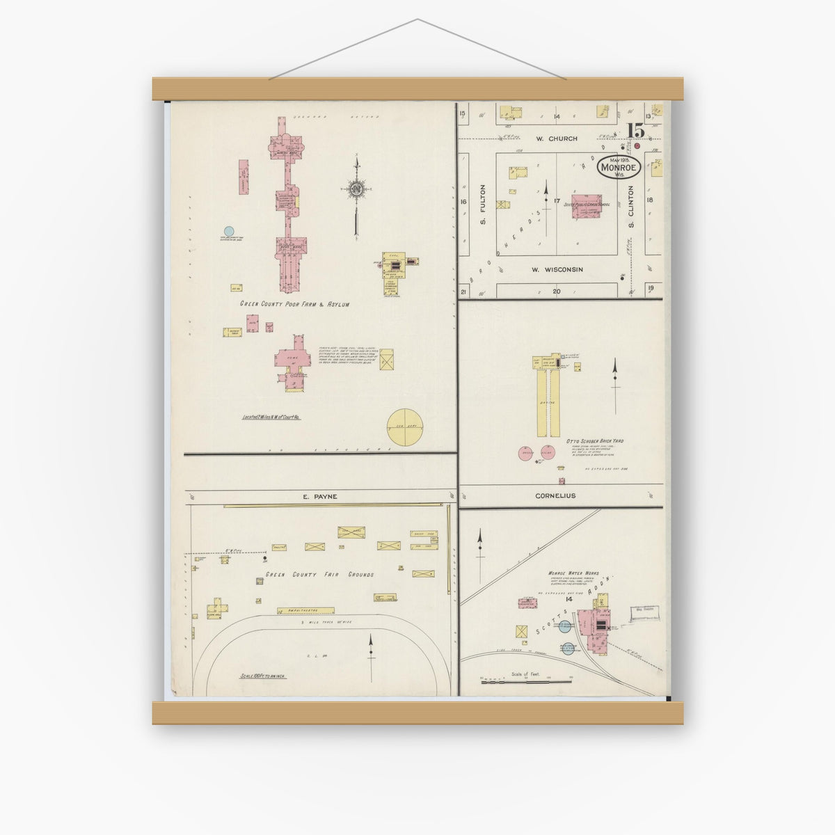 Old map wall art mockup — magnetic wood frame on white wall — Sanborn Fire Insurance Map from Monroe, Green County, Wisconsin (1915), Sheet #0015