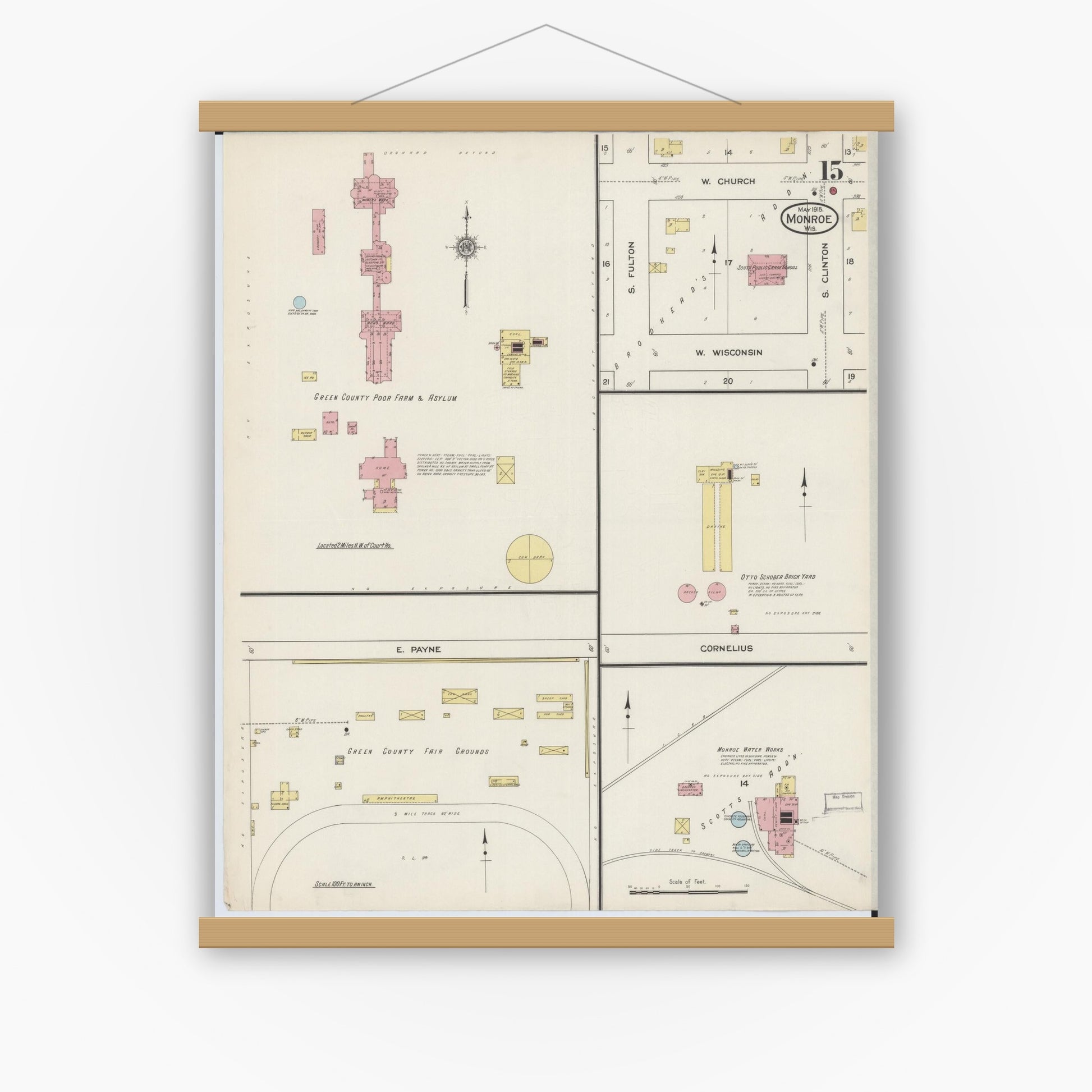 Old map wall art mockup — magnetic wood frame on white wall — Sanborn Fire Insurance Map from Monroe, Green County, Wisconsin (1915), Sheet #0015