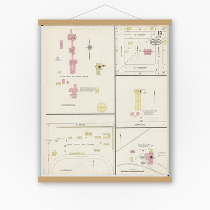 Old map wall art mockup — magnetic wood frame on white wall — Sanborn Fire Insurance Map from Monroe, Green County, Wisconsin (1915), Sheet #0015