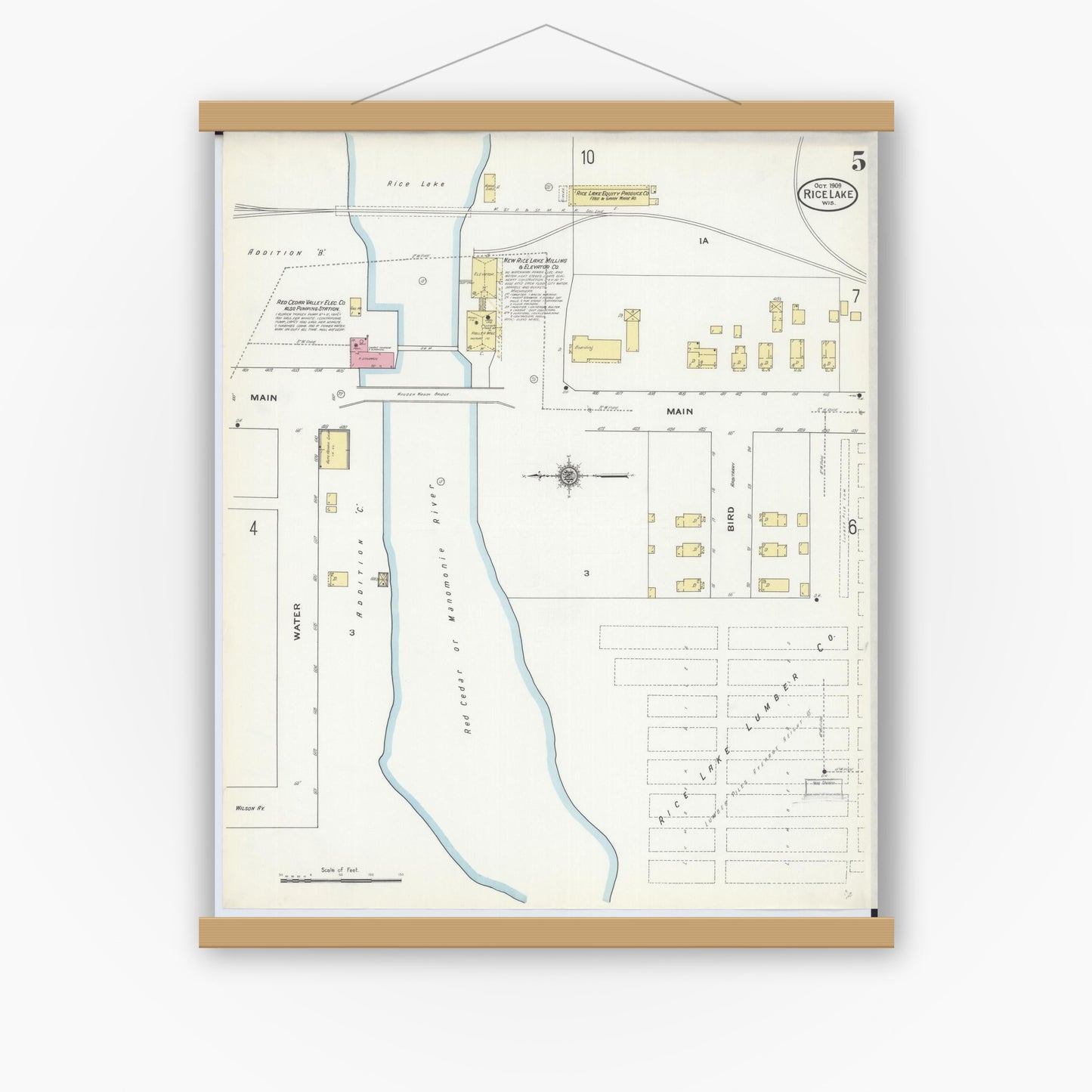 Old map wall art mockup — magnetic wood frame on white wall — Sanborn Fire Insurance Map from Rice Lake, Barron County, Wisconsin (1909), Sheet #0005