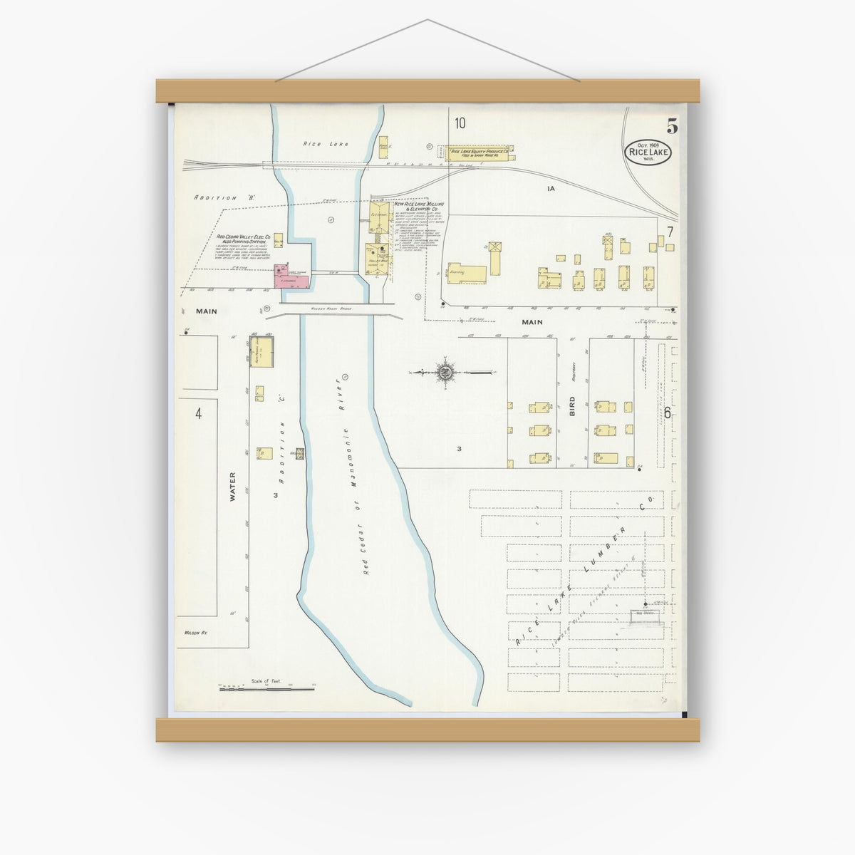 Old map wall art mockup — magnetic wood frame on white wall — Sanborn Fire Insurance Map from Rice Lake, Barron County, Wisconsin (1909), Sheet #0005