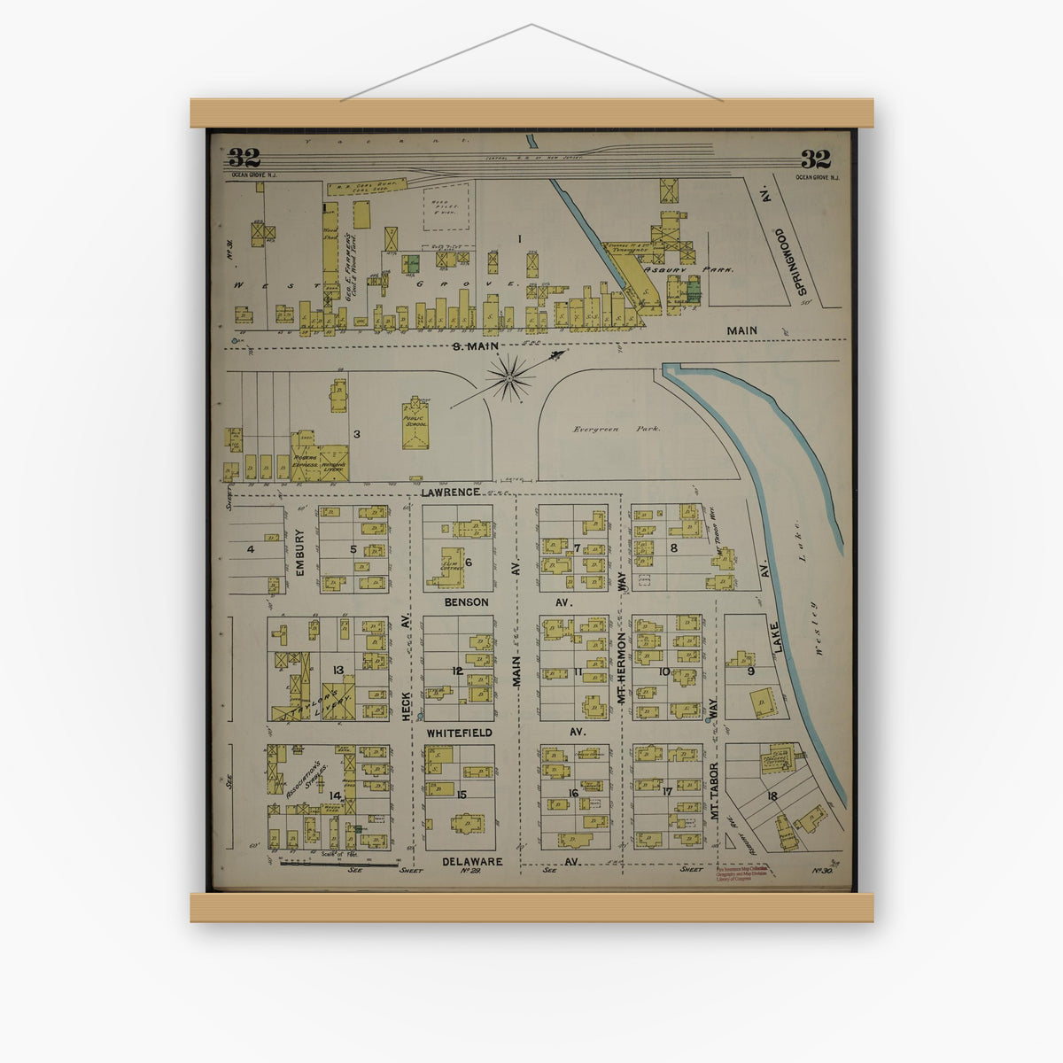 Old map wall art mockup — magnetic wood frame on white wall — Sanborn Fire Insurance Map from New Jersey Coast, New Jersey Coast, New Jersey (1890), Sheet #0032