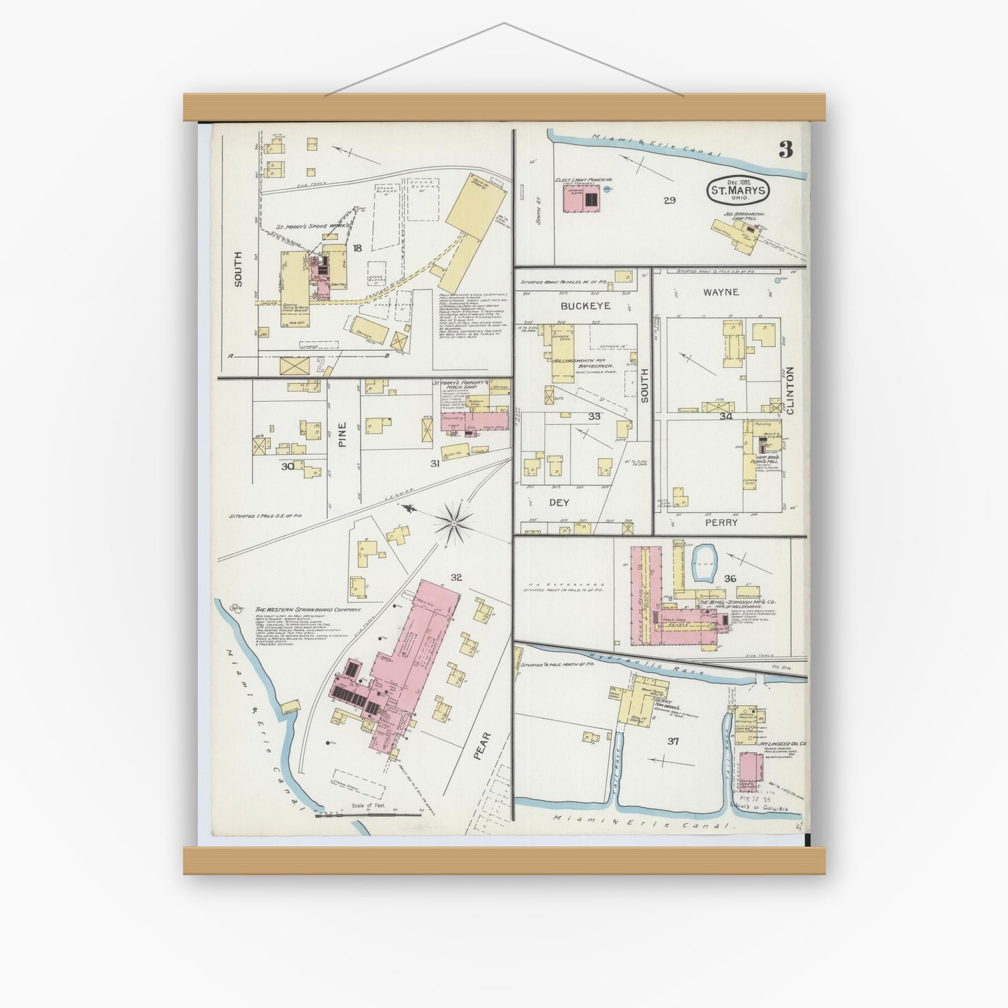 Old map wall art mockup — magnetic wood frame on white wall — Sanborn Fire Insurance Map from Saint Marys, Auglaize County, Ohio (1892), Sheet #0003