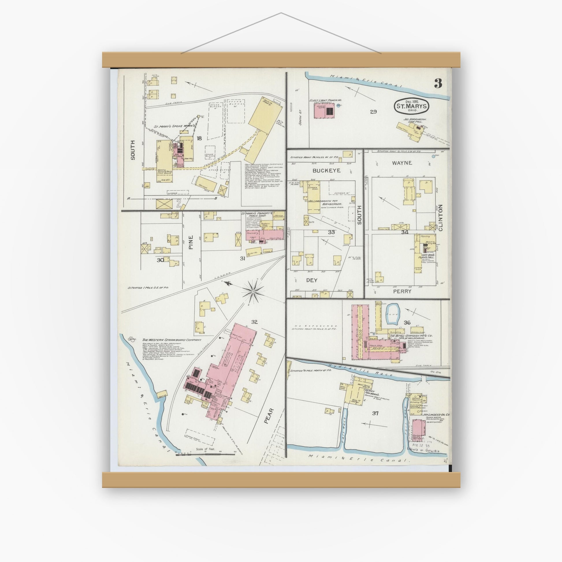 Old map wall art mockup — magnetic wood frame on white wall — Sanborn Fire Insurance Map from Saint Marys, Auglaize County, Ohio (1892), Sheet #0003