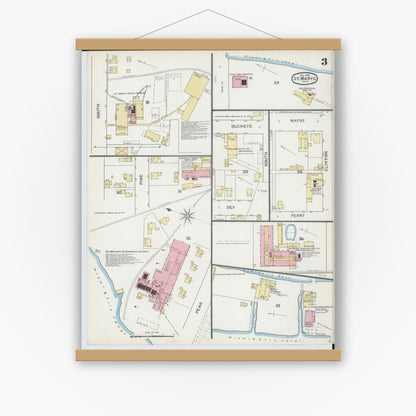 Old map wall art mockup — magnetic wood frame on white wall — Sanborn Fire Insurance Map from Saint Marys, Auglaize County, Ohio (1892), Sheet #0003