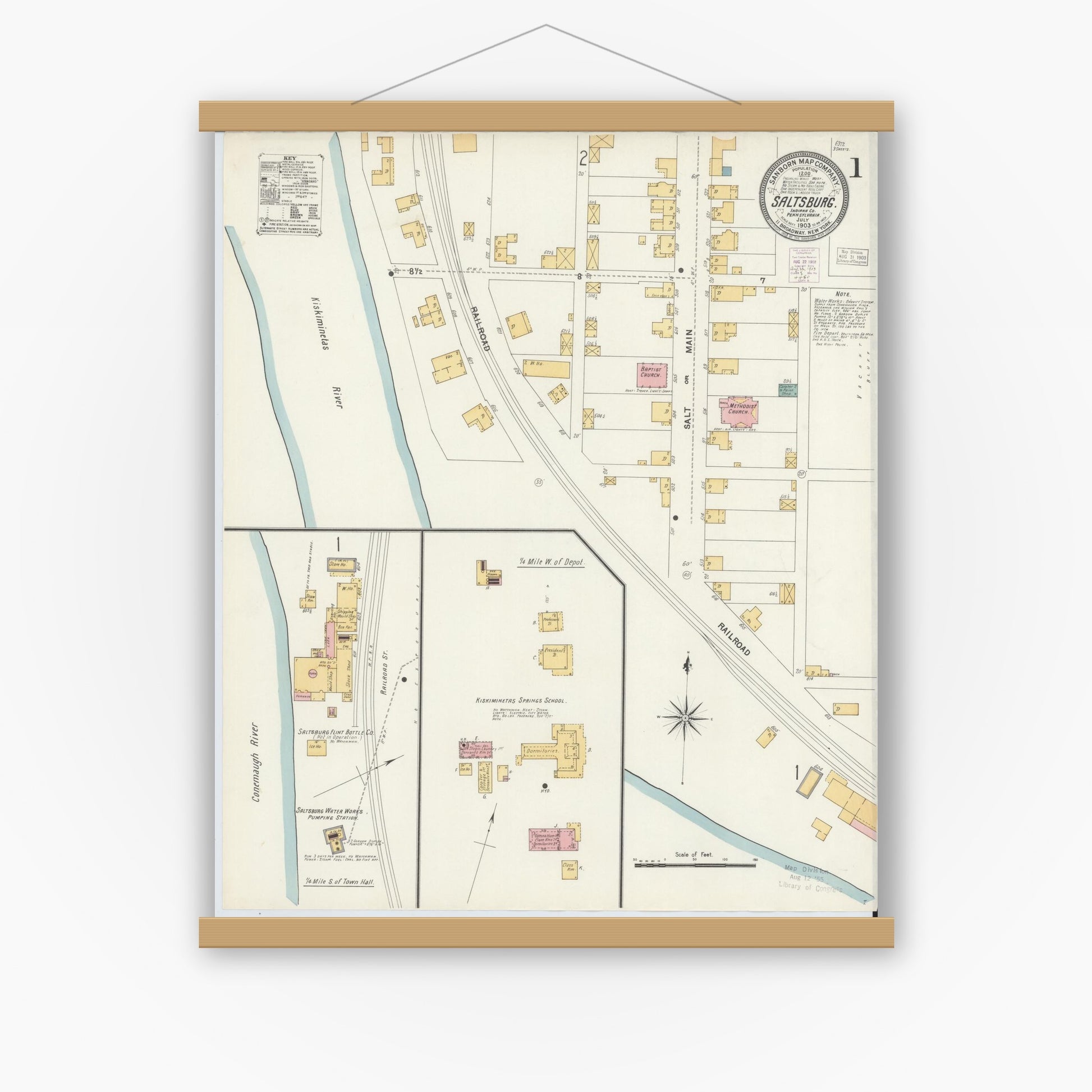 Old map wall art mockup — magnetic wood frame on white wall — Sanborn Fire Insurance Map from Saltsburg, Indiana County, Pennsylvania (1903) - Complete Map Set