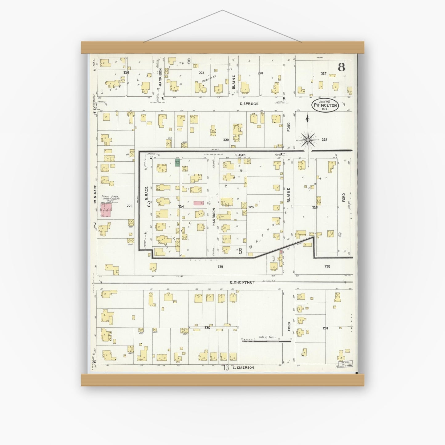 Old map wall art mockup — magnetic wood frame on white wall — Sanborn Fire Insurance Map from Princeton, Gibson County, Indiana (1907), Sheet #0008