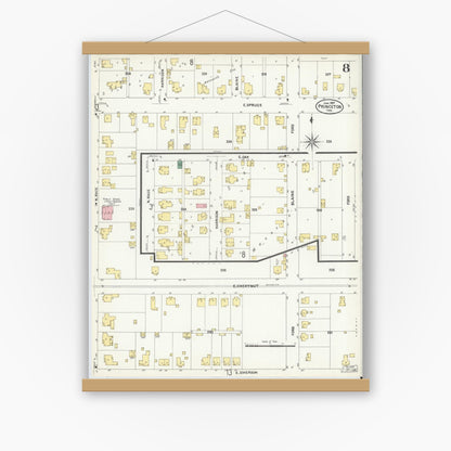 Old map wall art mockup — magnetic wood frame on white wall — Sanborn Fire Insurance Map from Princeton, Gibson County, Indiana (1907), Sheet #0008