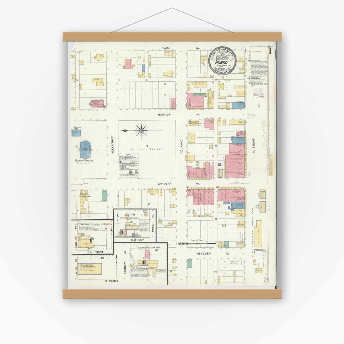 Old map wall art mockup — magnetic wood frame on white wall — Sanborn Fire Insurance Map from Hondo, Medina County, Texas (1909), Sheet #0001