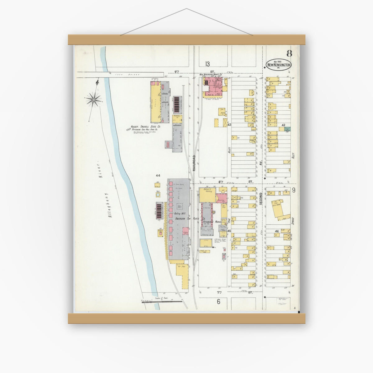 Old map wall art mockup — magnetic wood frame on white wall — Sanborn Fire Insurance Map from New Kensington, Westmoreland County, Pennsylvania (1900), Sheet #0008