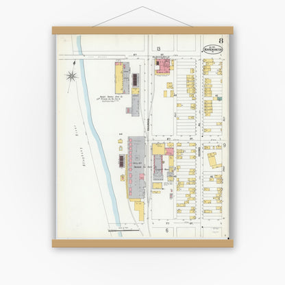 Old map wall art mockup — magnetic wood frame on white wall — Sanborn Fire Insurance Map from New Kensington, Westmoreland County, Pennsylvania (1900), Sheet #0008