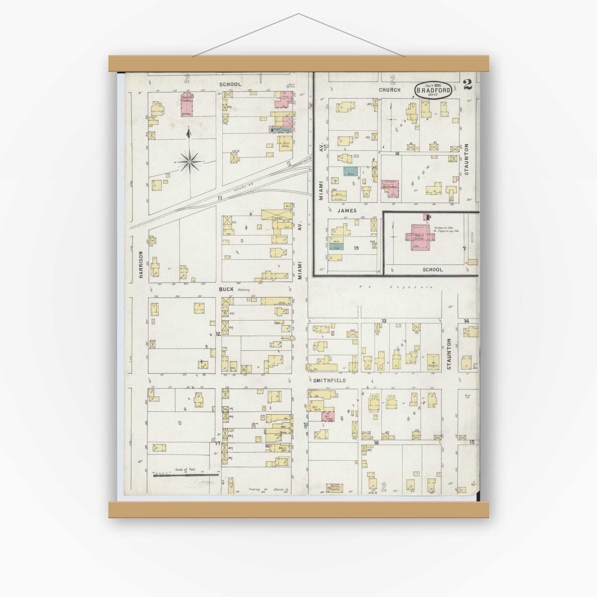 Old map wall art mockup — magnetic wood frame on white wall — Sanborn Fire Insurance Map from Bradford, Darke and Miami Counties, Ohio (1895), Sheet #0002