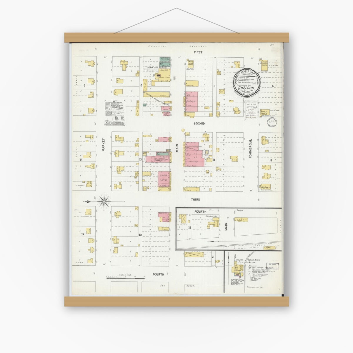 Old map wall art mockup — magnetic wood frame on white wall — Sanborn Fire Insurance Map from Sheldon, Vernon County, Missouri (1900), Sheet #0001