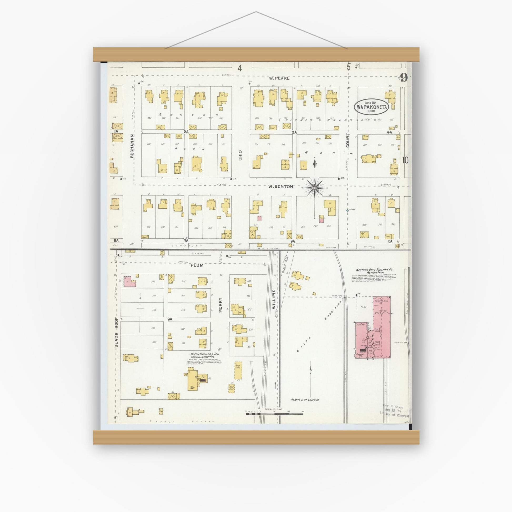 Old map wall art mockup — magnetic wood frame on white wall — Sanborn Fire Insurance Map from Wapakoneta, Auglaize County, Ohio (1904), Sheet #0009