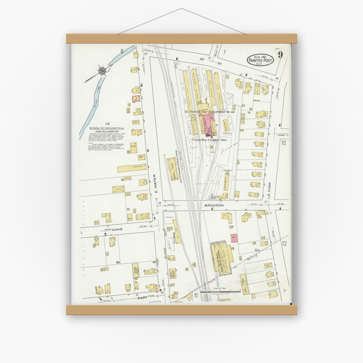 Old map wall art mockup — magnetic wood frame on white wall — Sanborn Fire Insurance Map from Painted Post, Steuben County, New York (1921), Sheet #0009