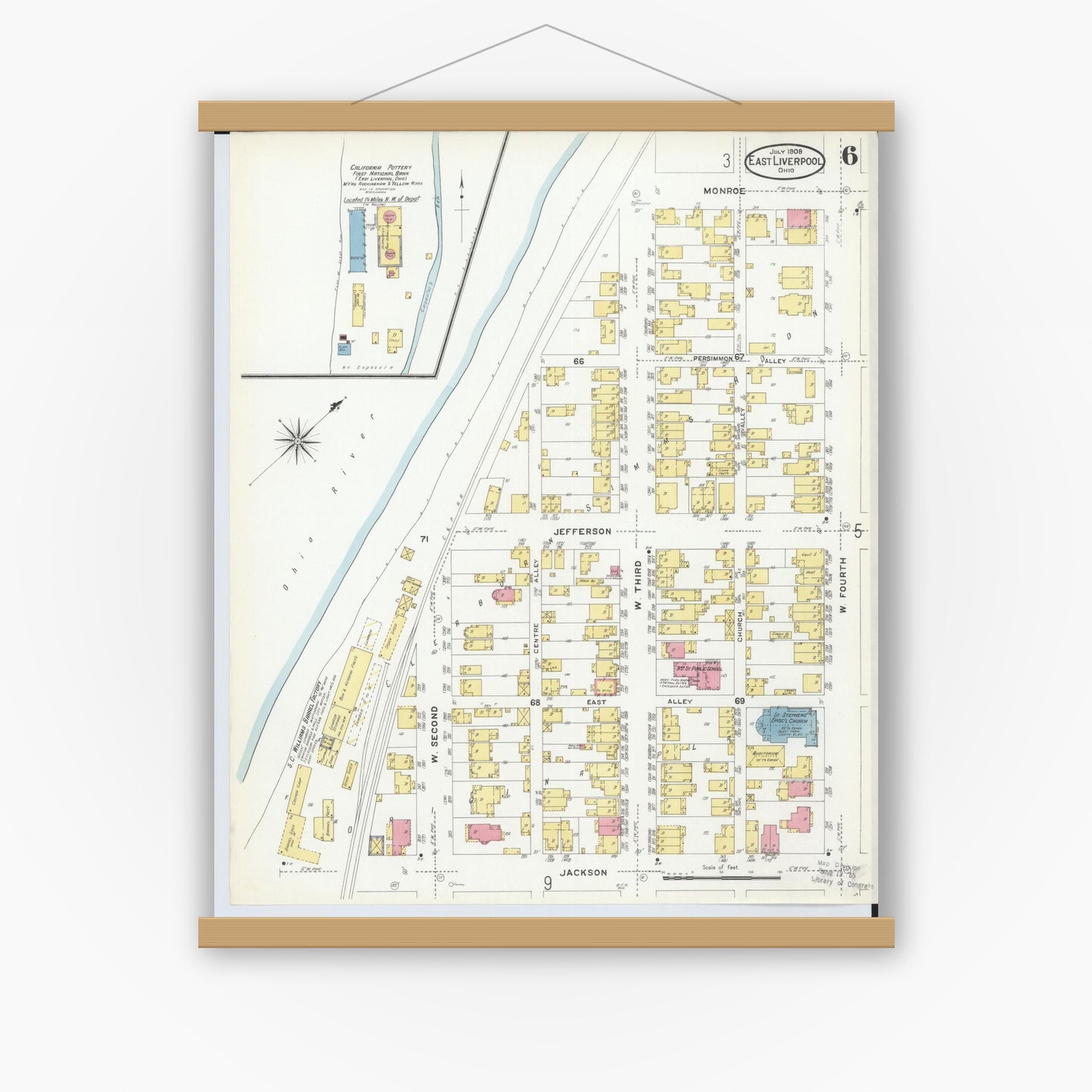 Old map wall art mockup — magnetic wood frame on white wall — Sanborn Fire Insurance Map from East Liverpool, Columbiana County, Ohio (1908), Sheet #0006