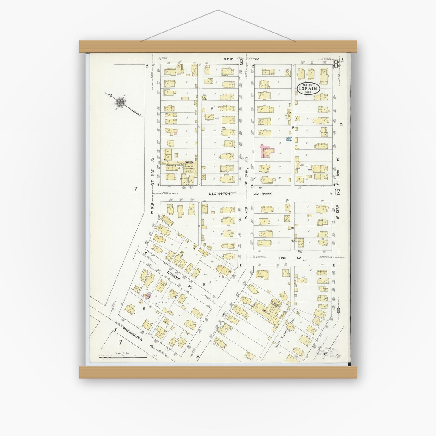 Old map wall art mockup — magnetic wood frame on white wall — Sanborn Fire Insurance Map from Lorain, Lorain County, Ohio (1910), Sheet #0008