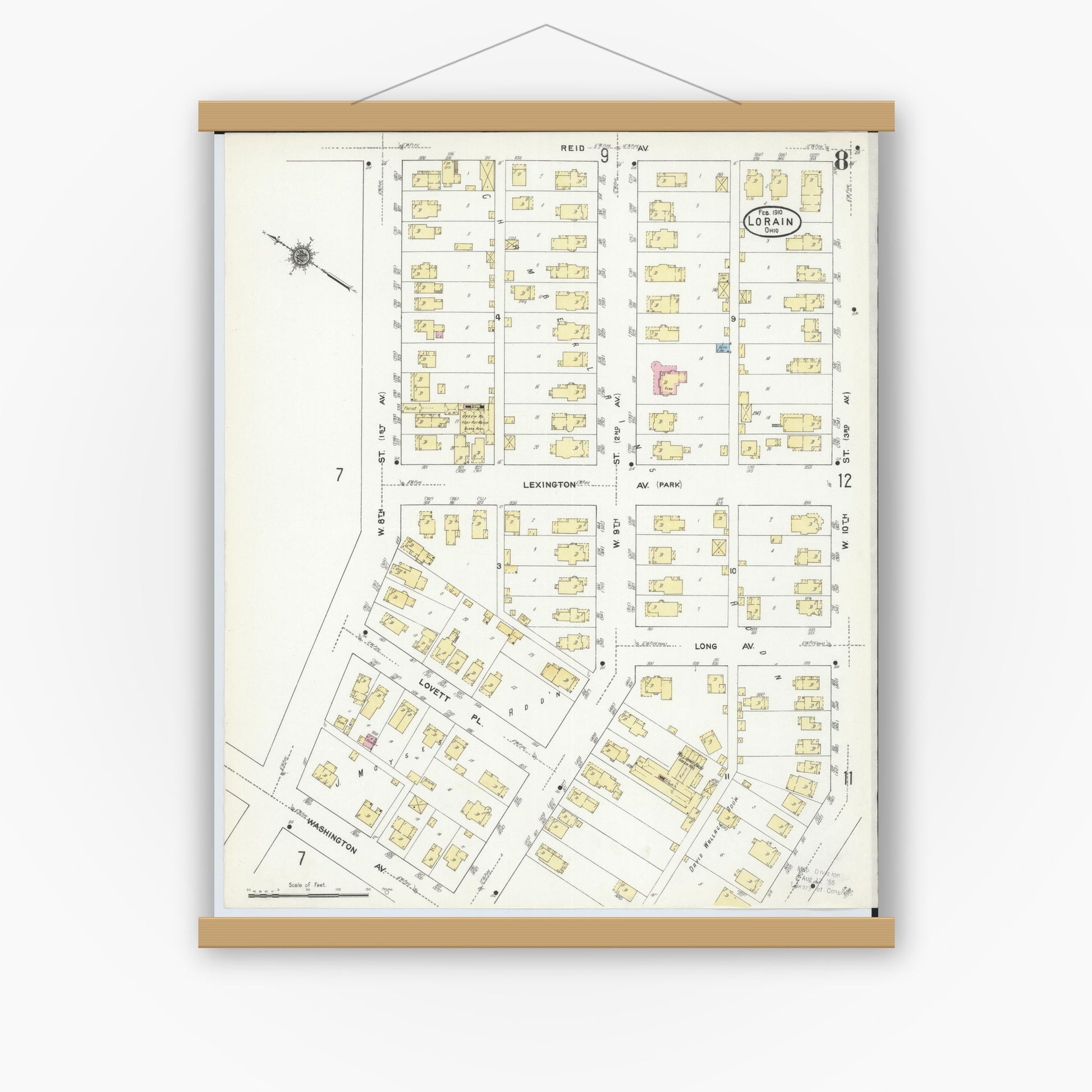 Old map wall art mockup — magnetic wood frame on white wall — Sanborn Fire Insurance Map from Lorain, Lorain County, Ohio (1910), Sheet #0008