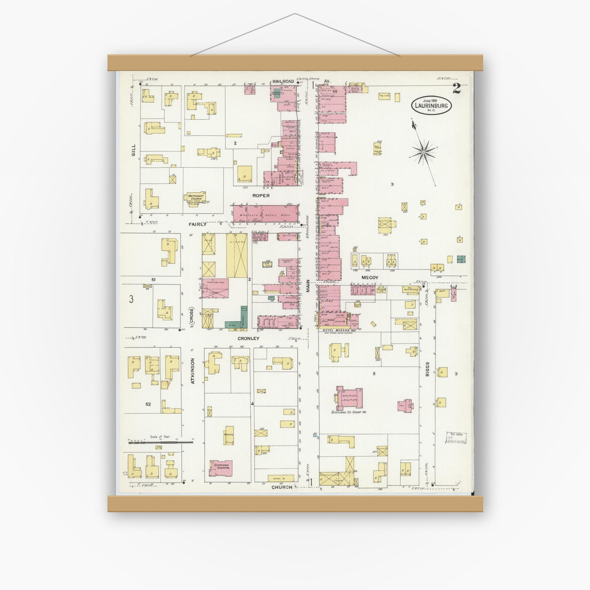 Old map wall art mockup — magnetic wood frame on white wall — Sanborn Fire Insurance Map from Laurinburg, Scotland County, North Carolina (1909), Sheet #0002