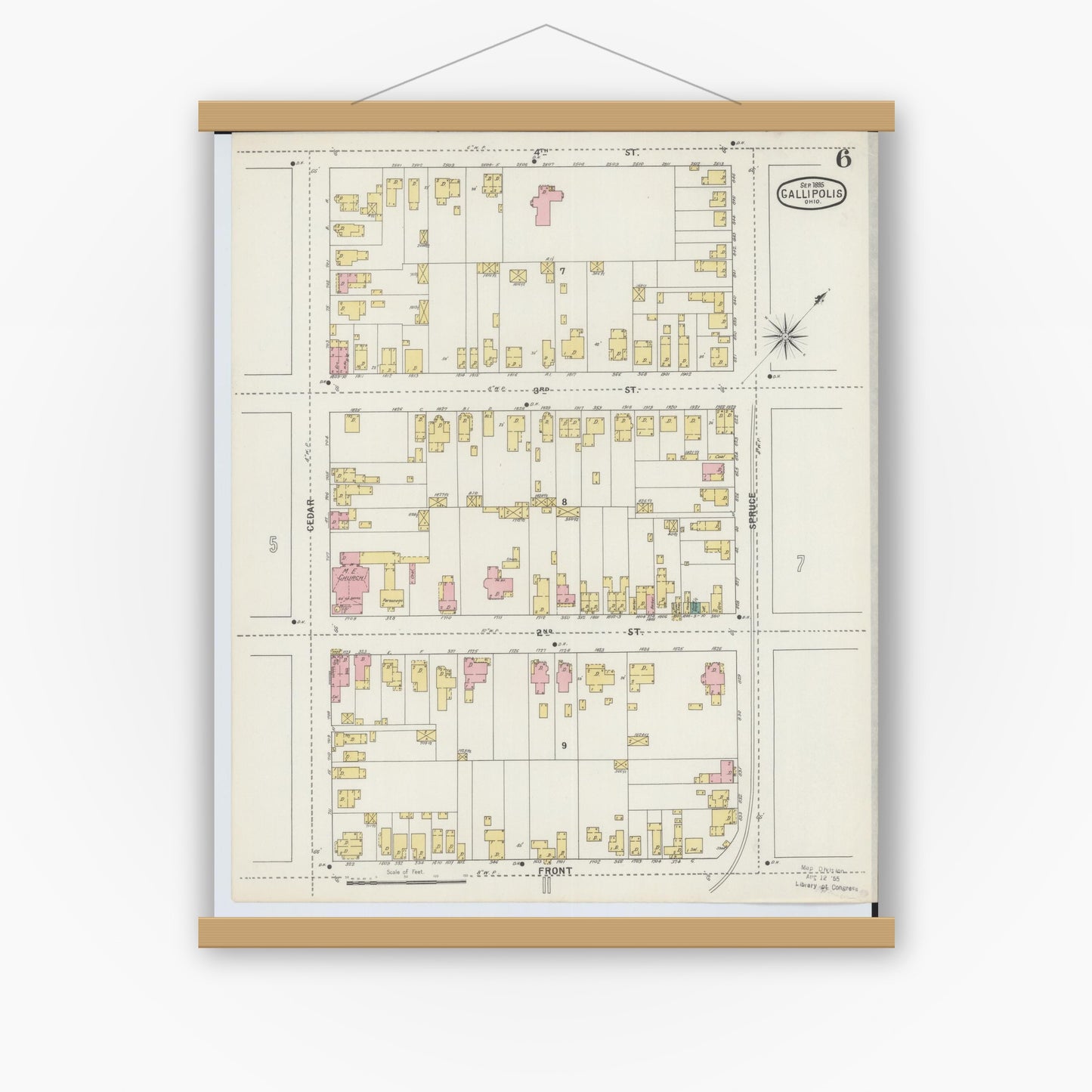 Old map wall art mockup — magnetic wood frame on white wall — Sanborn Fire Insurance Map from Gallipolis, Gallia County, Ohio (1895), Sheet #0006
