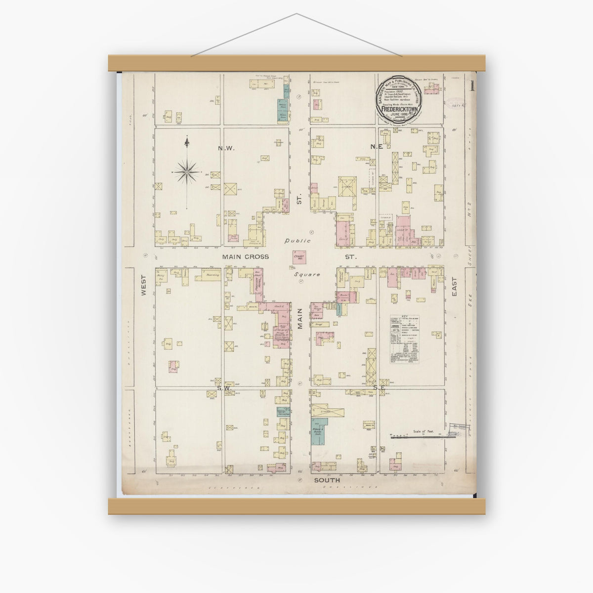 Old map wall art mockup — magnetic wood frame on white wall — Sanborn Fire Insurance Map from Fredericktown, Madison County, Missouri (1886), Sheet #0001