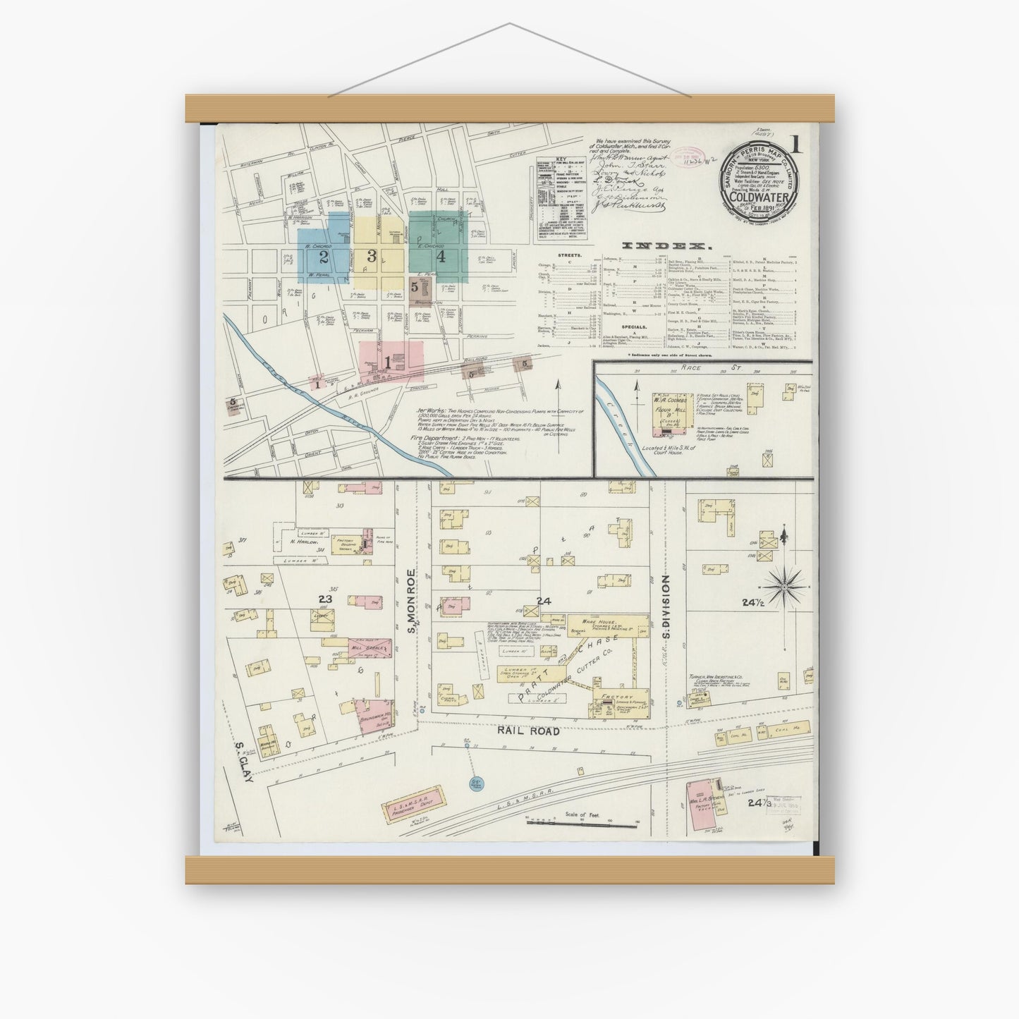 Old map wall art mockup — magnetic wood frame on white wall — Sanborn Fire Insurance Map from Coldwater, Branch County, Michigan (1891), Sheet #0001