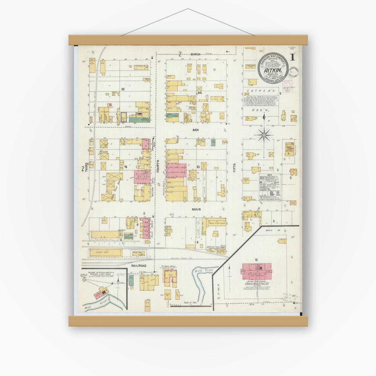 Old map wall art mockup — magnetic wood frame on white wall — Sanborn Fire Insurance Map from Aitkin, Aitkin County, Minnesota (1902) - Complete Map Set