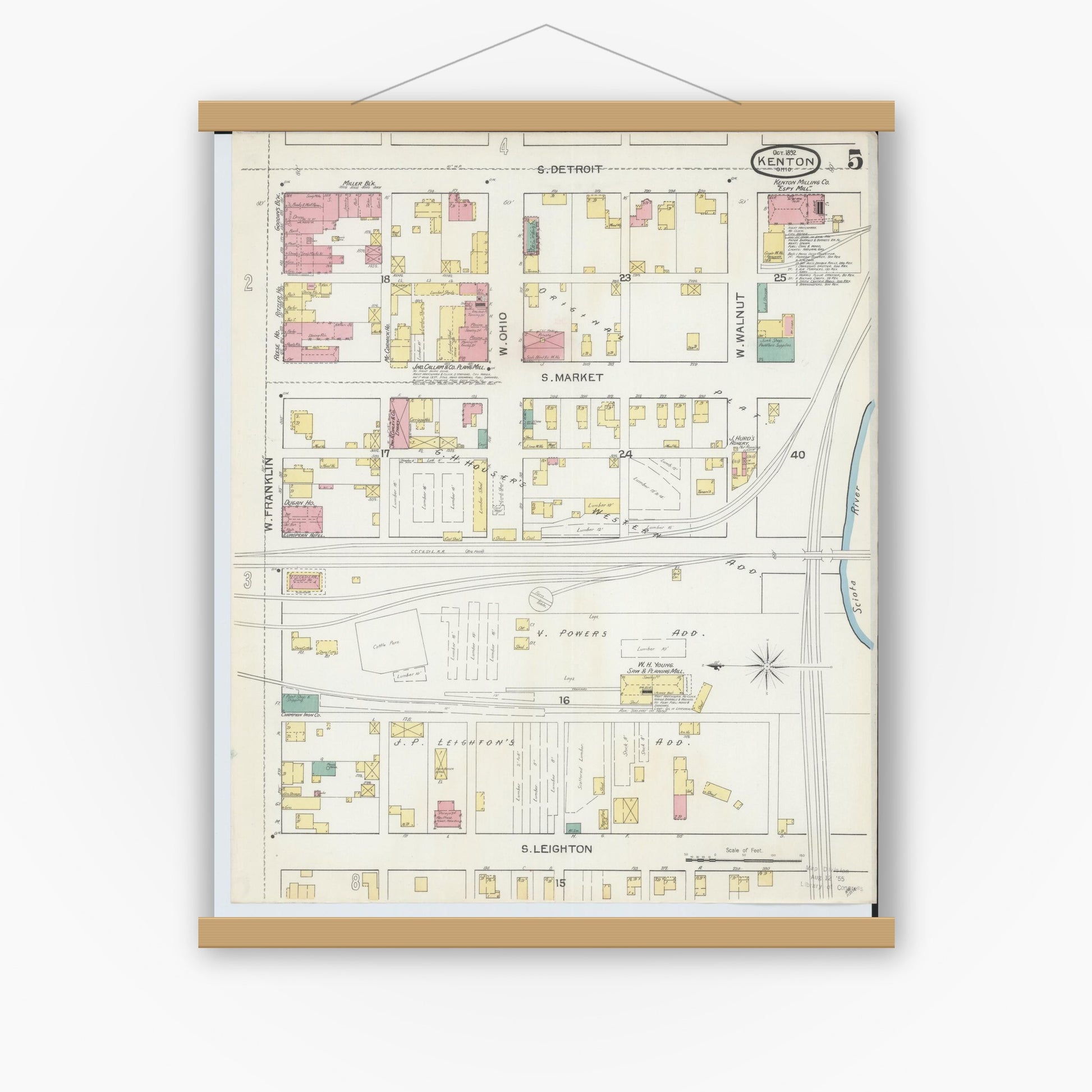 Old map wall art mockup — magnetic wood frame on white wall — Sanborn Fire Insurance Map from Kenton, Hardin County, Ohio (1892), Sheet #0005