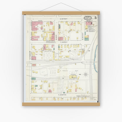 Old map wall art mockup — magnetic wood frame on white wall — Sanborn Fire Insurance Map from Kenton, Hardin County, Ohio (1892), Sheet #0005