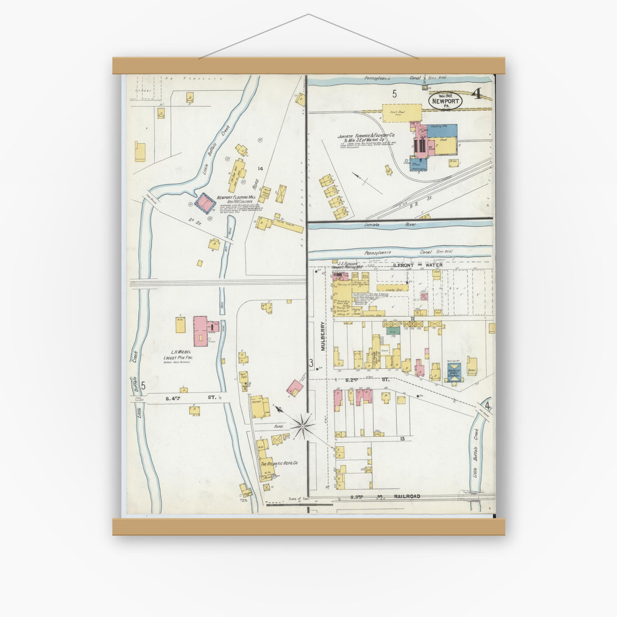 Old map wall art mockup — magnetic wood frame on white wall — Sanborn Fire Insurance Map from Newport, Perry County, Pennsylvania (1902), Sheet #0004