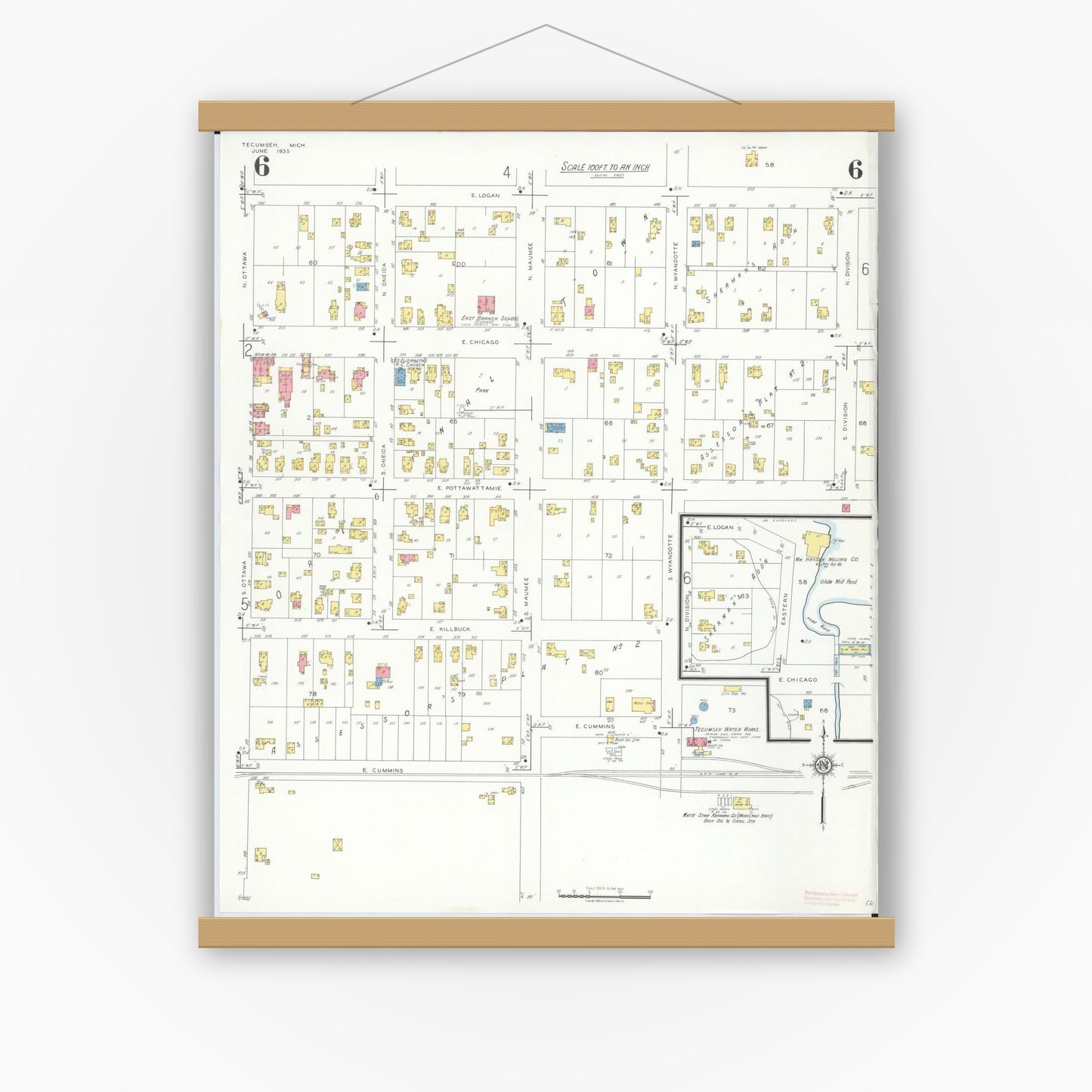 Old map wall art mockup — magnetic wood frame on white wall — Sanborn Fire Insurance Map from Tecumseh, Lenawee County, Michigan (1935), Sheet #0006