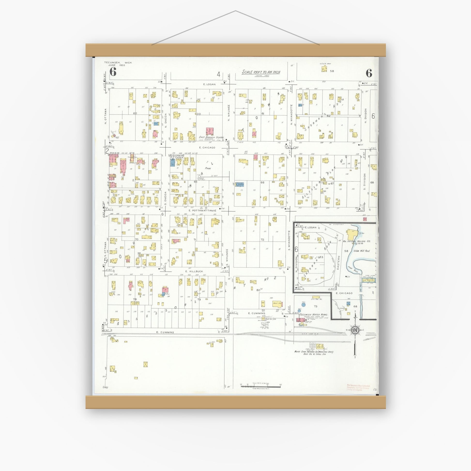Old map wall art mockup — magnetic wood frame on white wall — Sanborn Fire Insurance Map from Tecumseh, Lenawee County, Michigan (1935), Sheet #0006