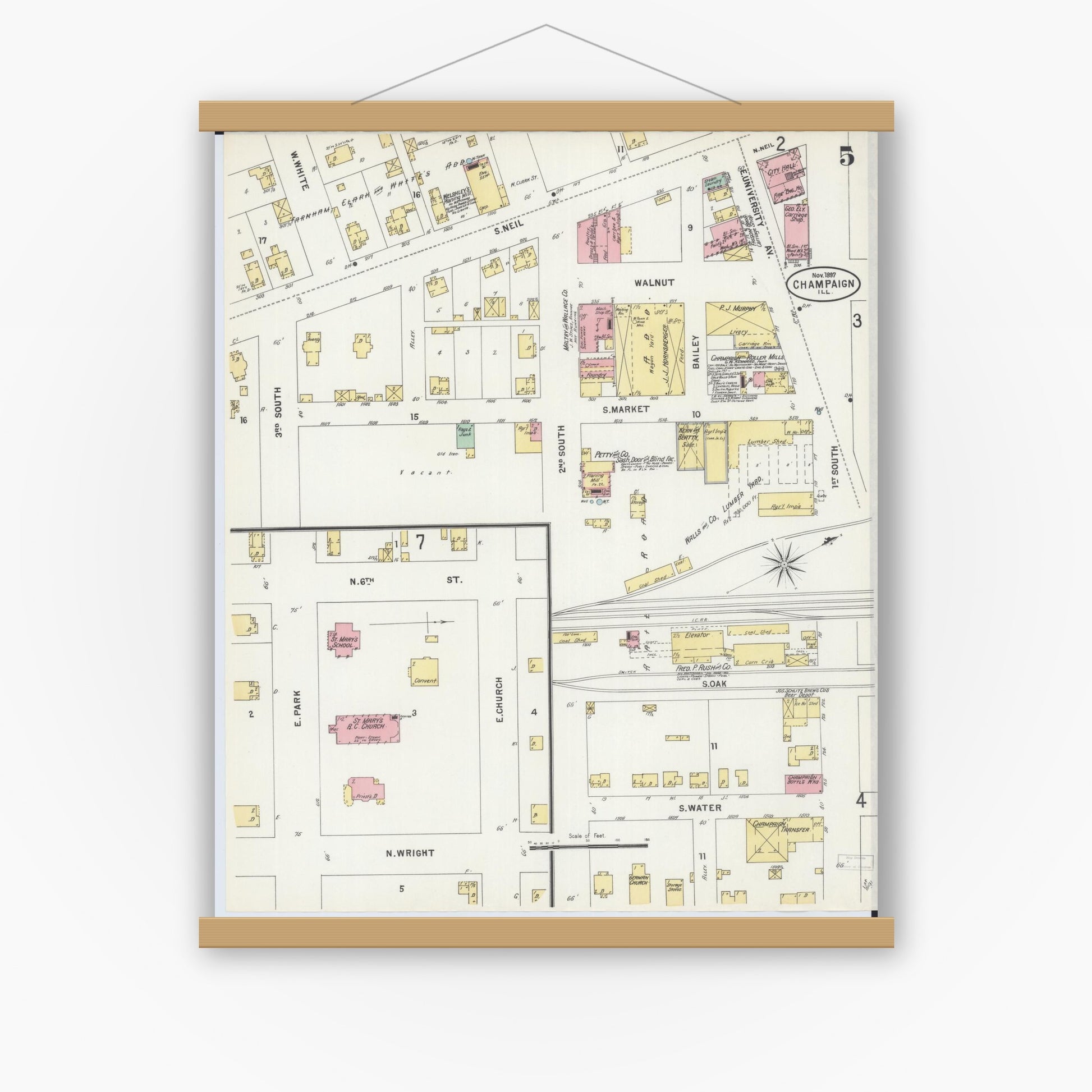 Old map wall art mockup — magnetic wood frame on white wall — Sanborn Fire Insurance Map from Champaign, Champaign County, Illinois (1897), Sheet #0005