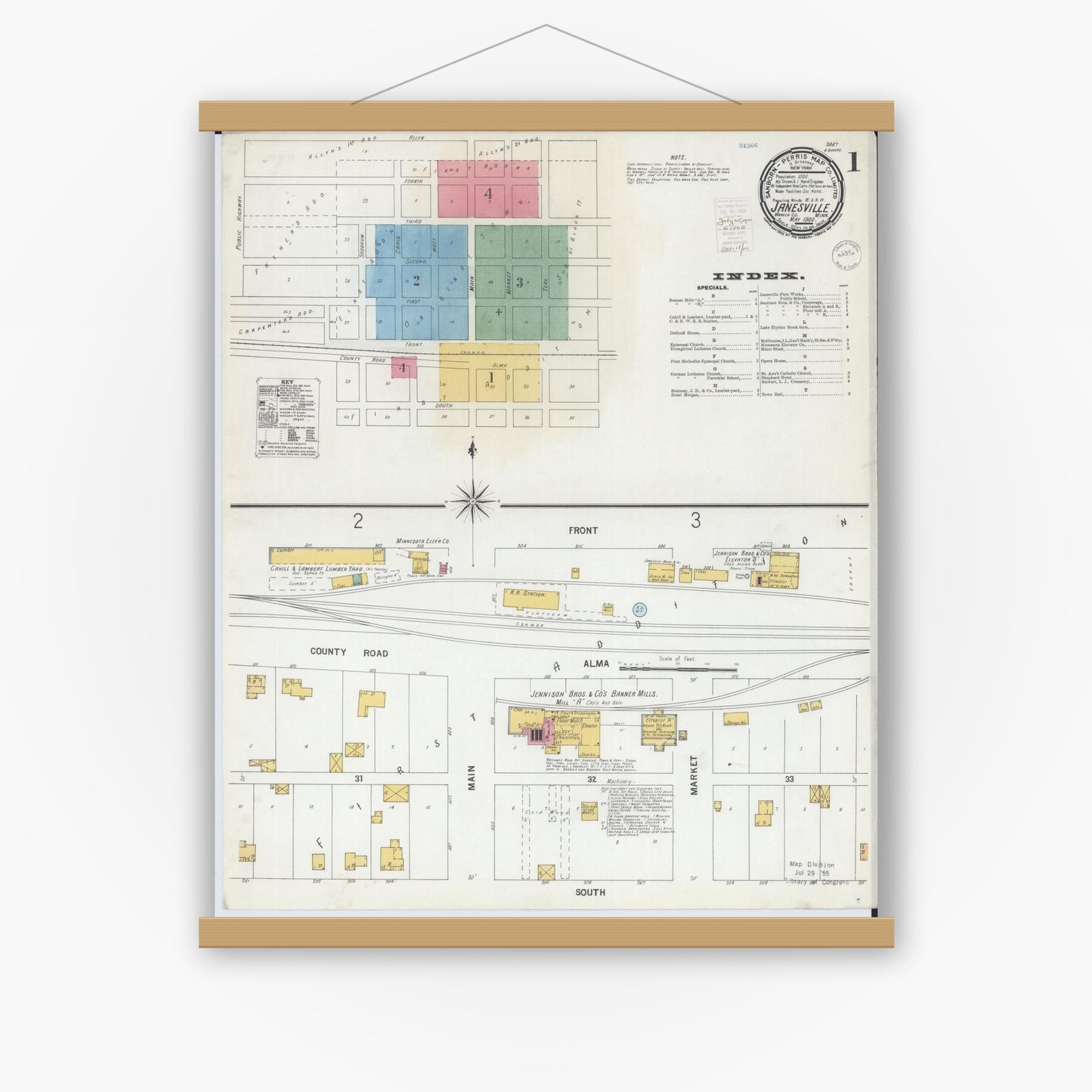 Old map wall art mockup — magnetic wood frame on white wall — Sanborn Fire Insurance Map from Janesville, Waseca County, Minnesota (1900), Sheet #0001