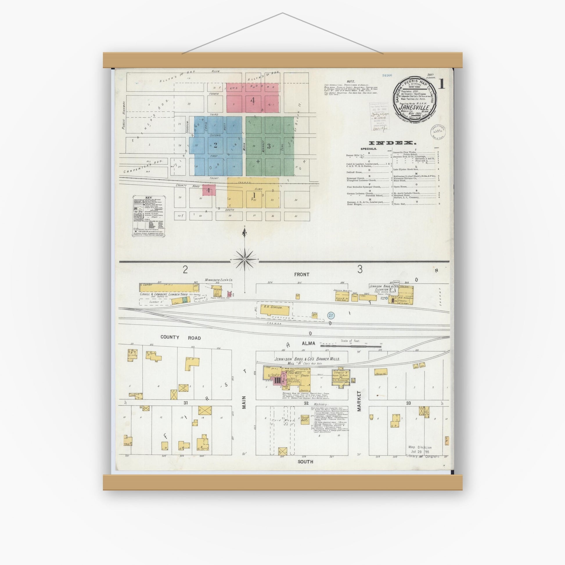 Old map wall art mockup — magnetic wood frame on white wall — Sanborn Fire Insurance Map from Janesville, Waseca County, Minnesota (1900), Sheet #0001