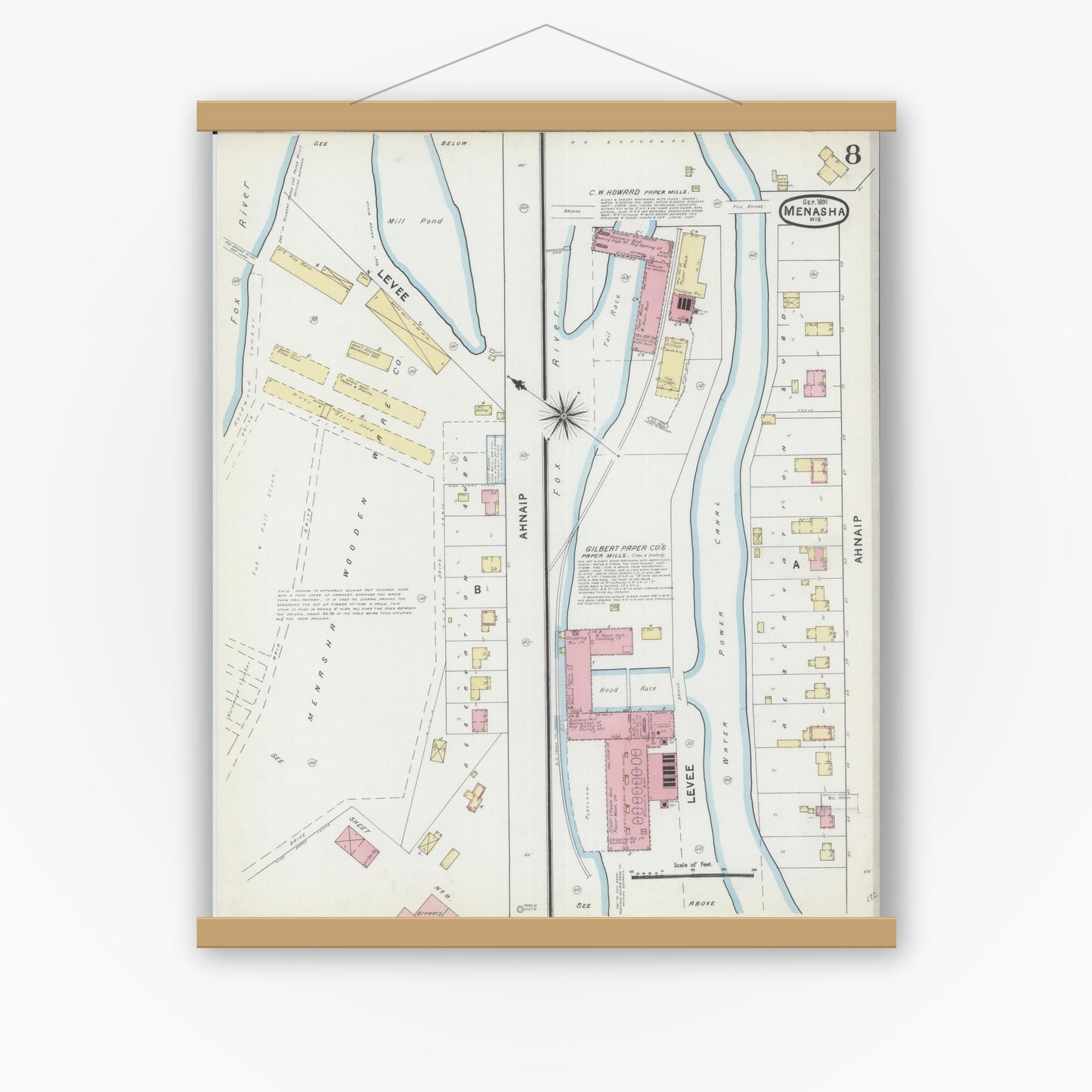 Old map wall art mockup — magnetic wood frame on white wall — Sanborn Fire Insurance Map from Menasha, Winnebago County, Wisconsin (1891), Sheet #0008