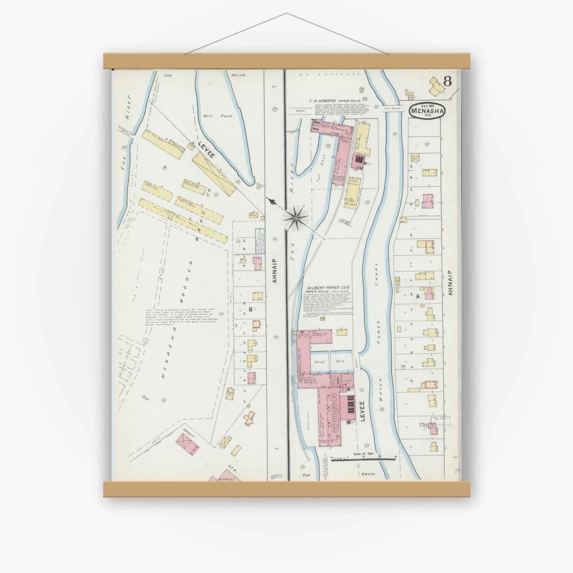 Old map wall art mockup — magnetic wood frame on white wall — Sanborn Fire Insurance Map from Menasha, Winnebago County, Wisconsin (1891), Sheet #0008