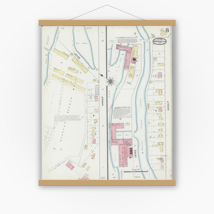 Old map wall art mockup — magnetic wood frame on white wall — Sanborn Fire Insurance Map from Menasha, Winnebago County, Wisconsin (1891), Sheet #0008