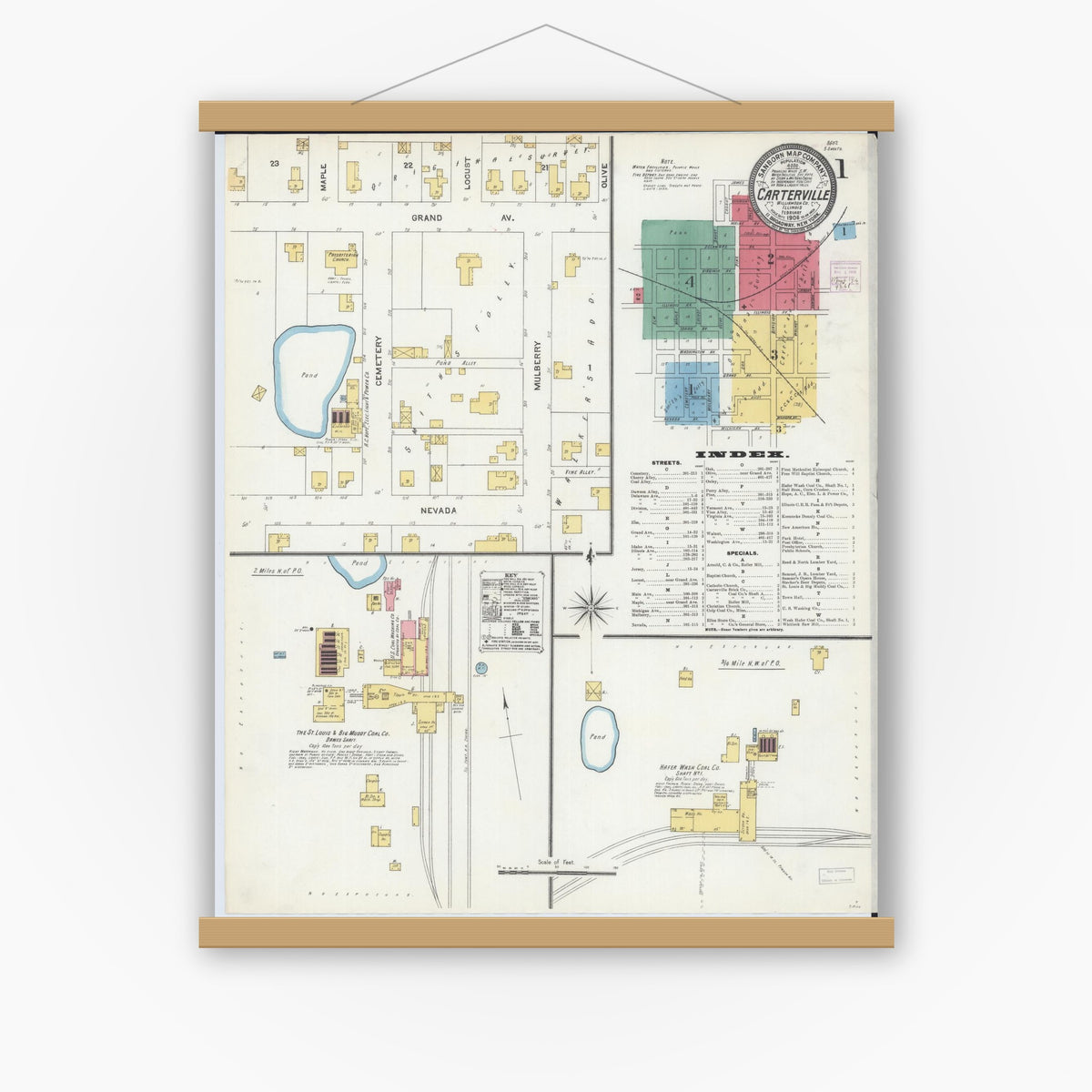 Old map wall art mockup — magnetic wood frame on white wall — Sanborn Fire Insurance Map from Carterville, Williamson County, Illinois (1906) - Complete Map Set