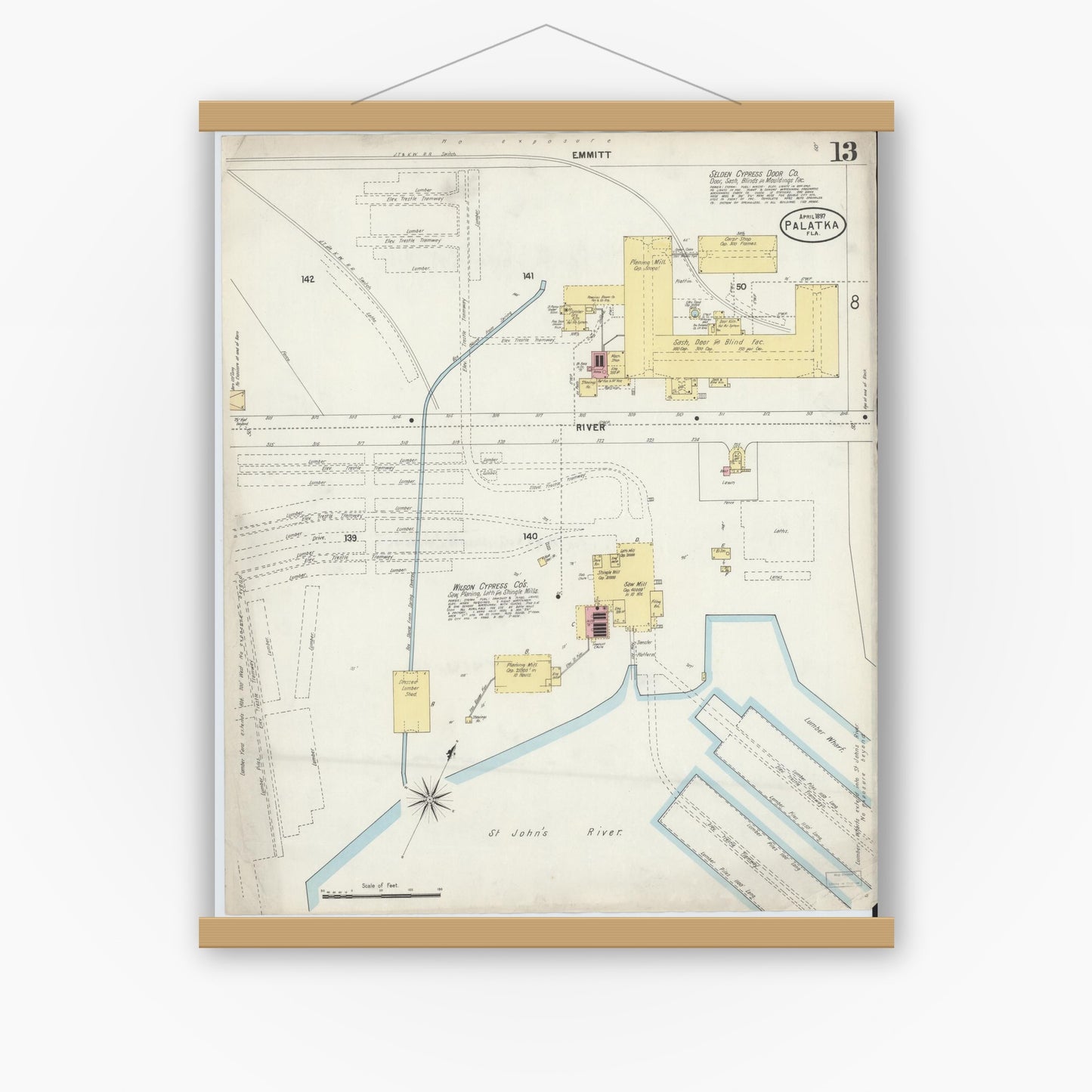 Old map wall art mockup — magnetic wood frame on white wall — Sanborn Fire Insurance Map from Palatka, Putnam County, Florida (1897), Sheet #0013