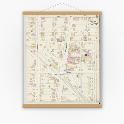 Old map wall art mockup — magnetic wood frame on white wall — Sanborn Fire Insurance Map from Findlay, Hancock County, Ohio (1890), Sheet #0006
