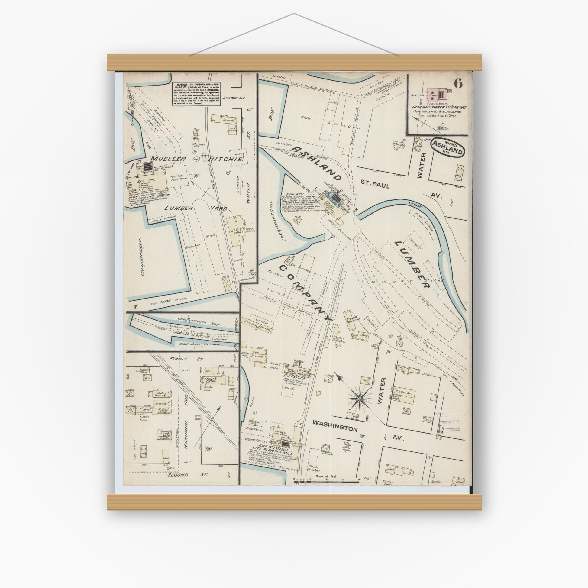 Old map wall art mockup — magnetic wood frame on white wall — Sanborn Fire Insurance Map from Ashland, Ashland County, Wisconsin (1884), Sheet #0006