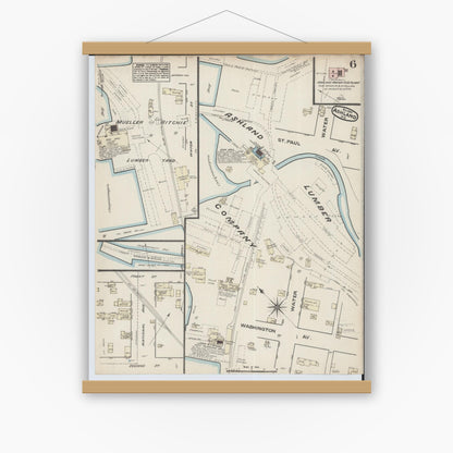 Old map wall art mockup — magnetic wood frame on white wall — Sanborn Fire Insurance Map from Ashland, Ashland County, Wisconsin (1884), Sheet #0006