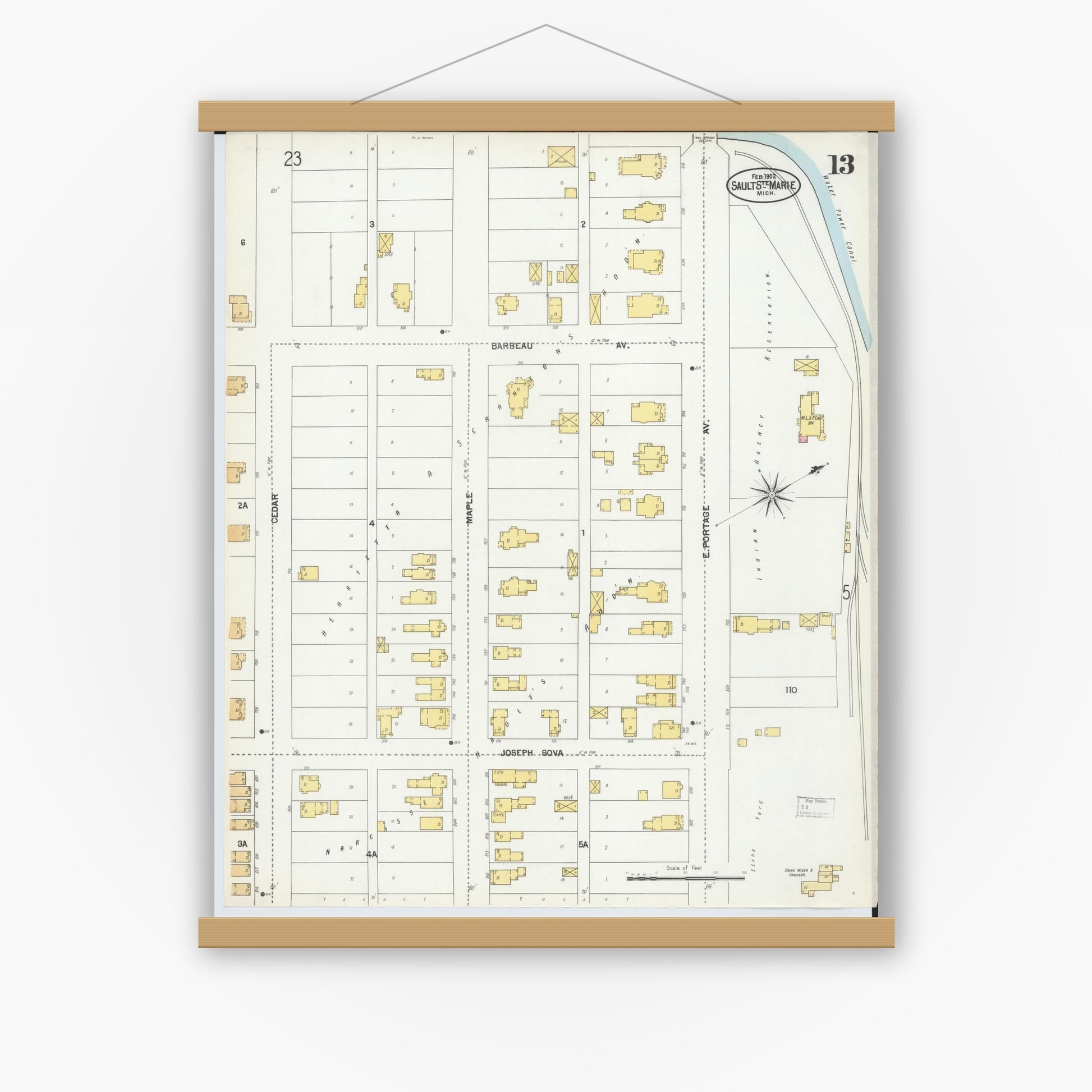 Old map wall art mockup — magnetic wood frame on white wall — Sanborn Fire Insurance Map from Sault Sainte Marie, Chippewa County, Michigan (1902), Sheet #0013