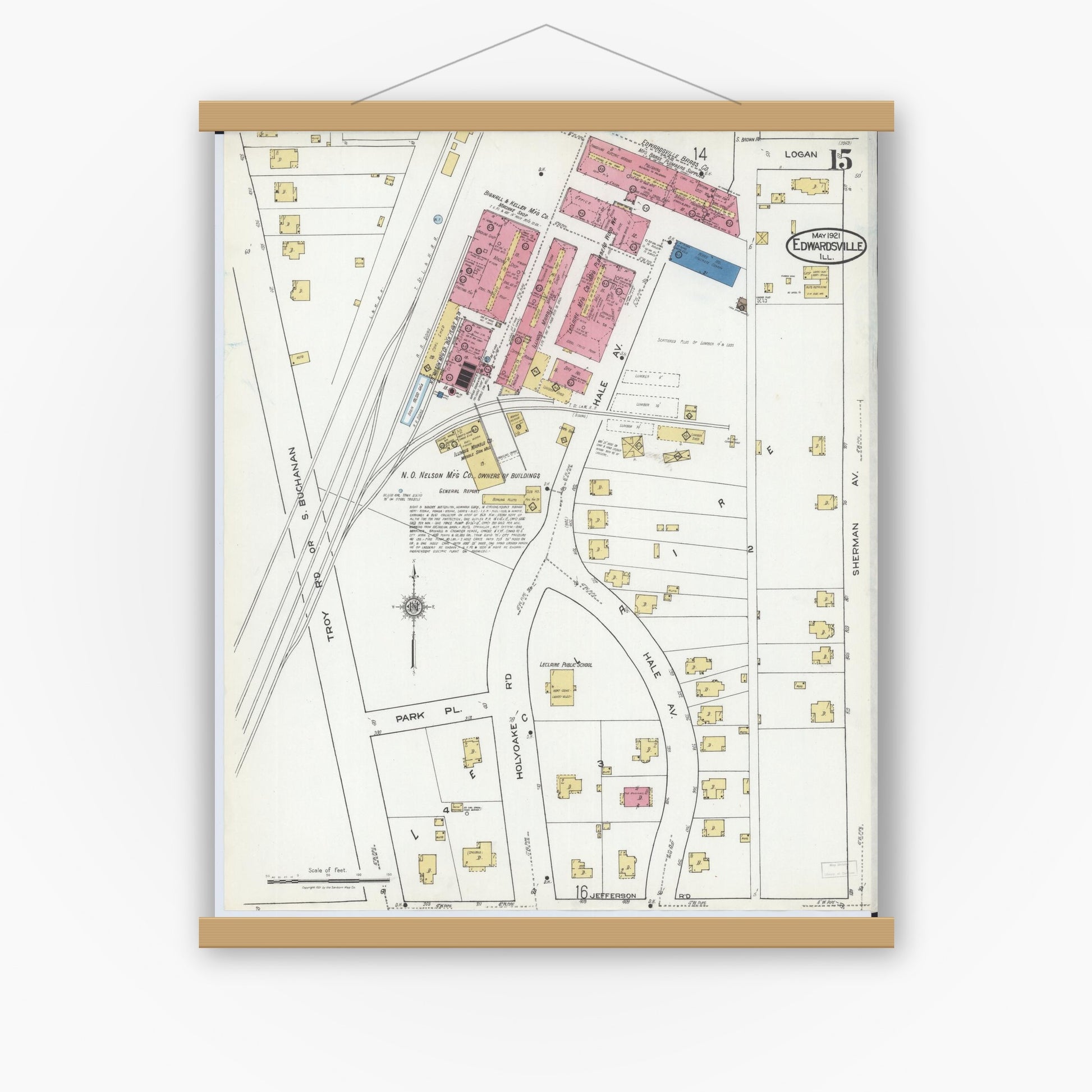 Old map wall art mockup — magnetic wood frame on white wall — Sanborn Fire Insurance Map from Edwardsville, Madison County, Illinois (1921), Sheet #0015