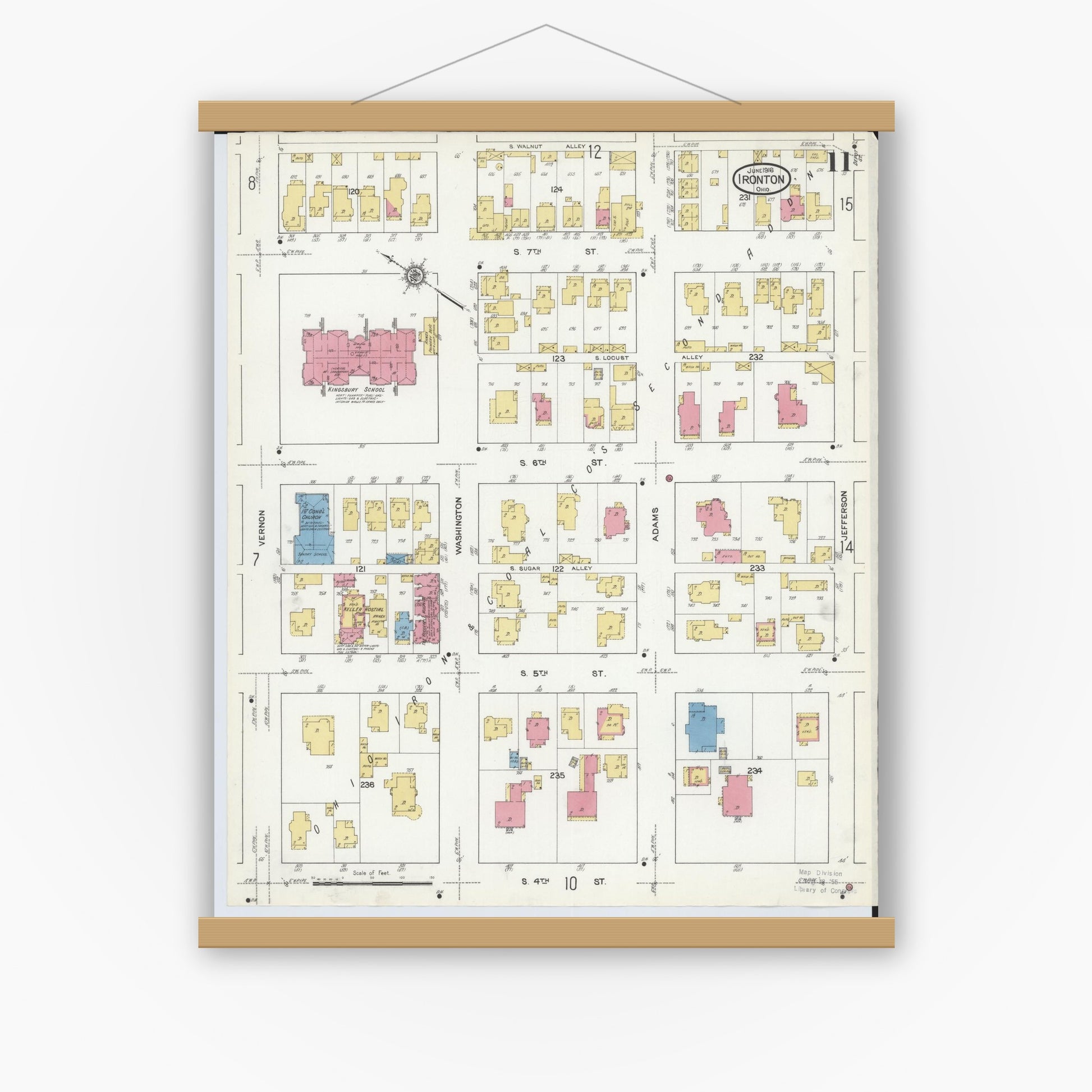 Old map wall art mockup — magnetic wood frame on white wall — Sanborn Fire Insurance Map from Ironton, Lawrence County, Ohio (1916), Sheet #0011