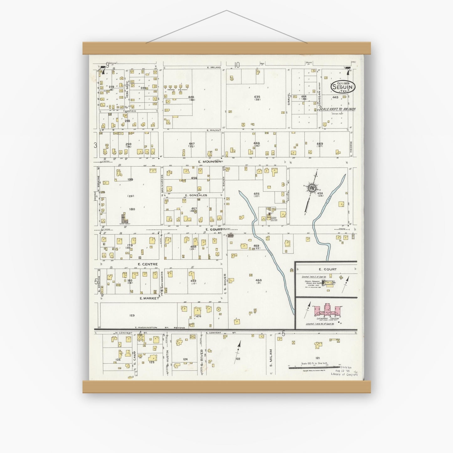 Old map wall art mockup — magnetic wood frame on white wall — Sanborn Fire Insurance Map from Seguin, Guadalupe County, Texas (1924), Sheet #0007