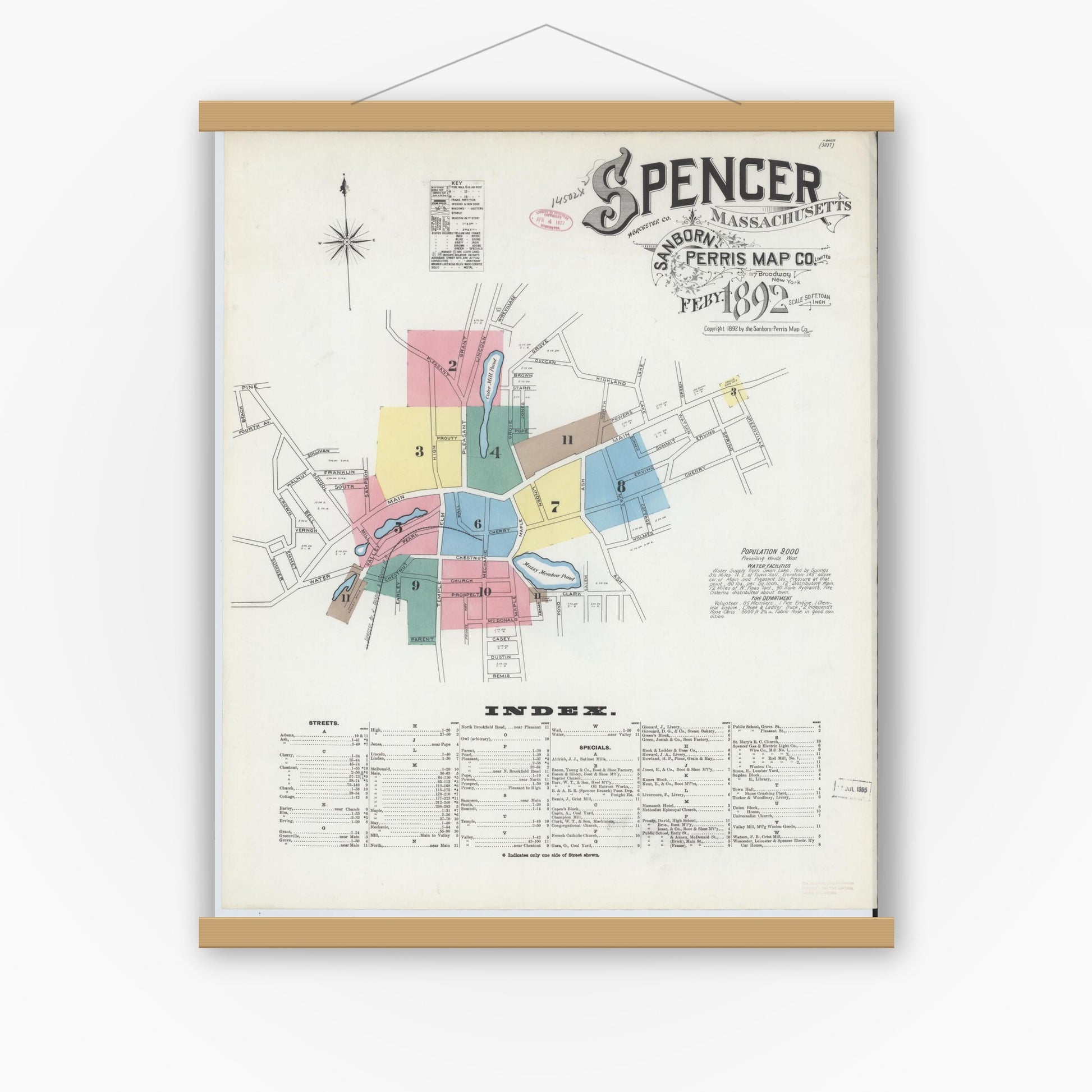 Old map wall art mockup — magnetic wood frame on white wall — Sanborn Fire Insurance Map from Spencer, Worcester County, Massachusetts (1892), Sheet #0001